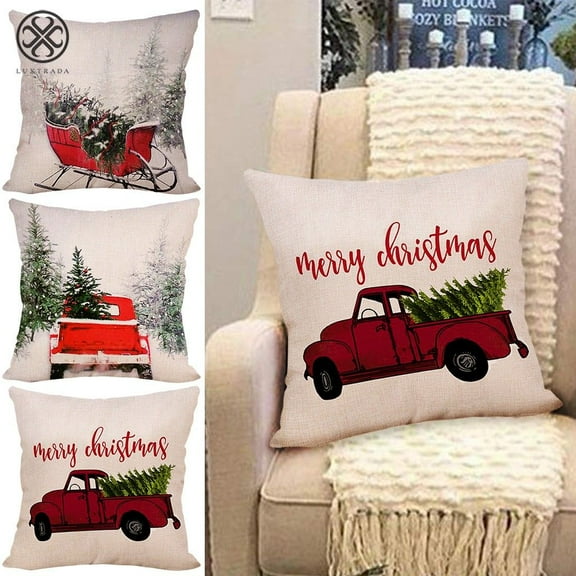 Luxtrada 1PC Christmas Farmhouse Truck Throw Pillow Cover Green Tree Cushion Case for Sofa Couch 18x18 Inches Cotton Linen For Home Party Winter New Year Decorations
