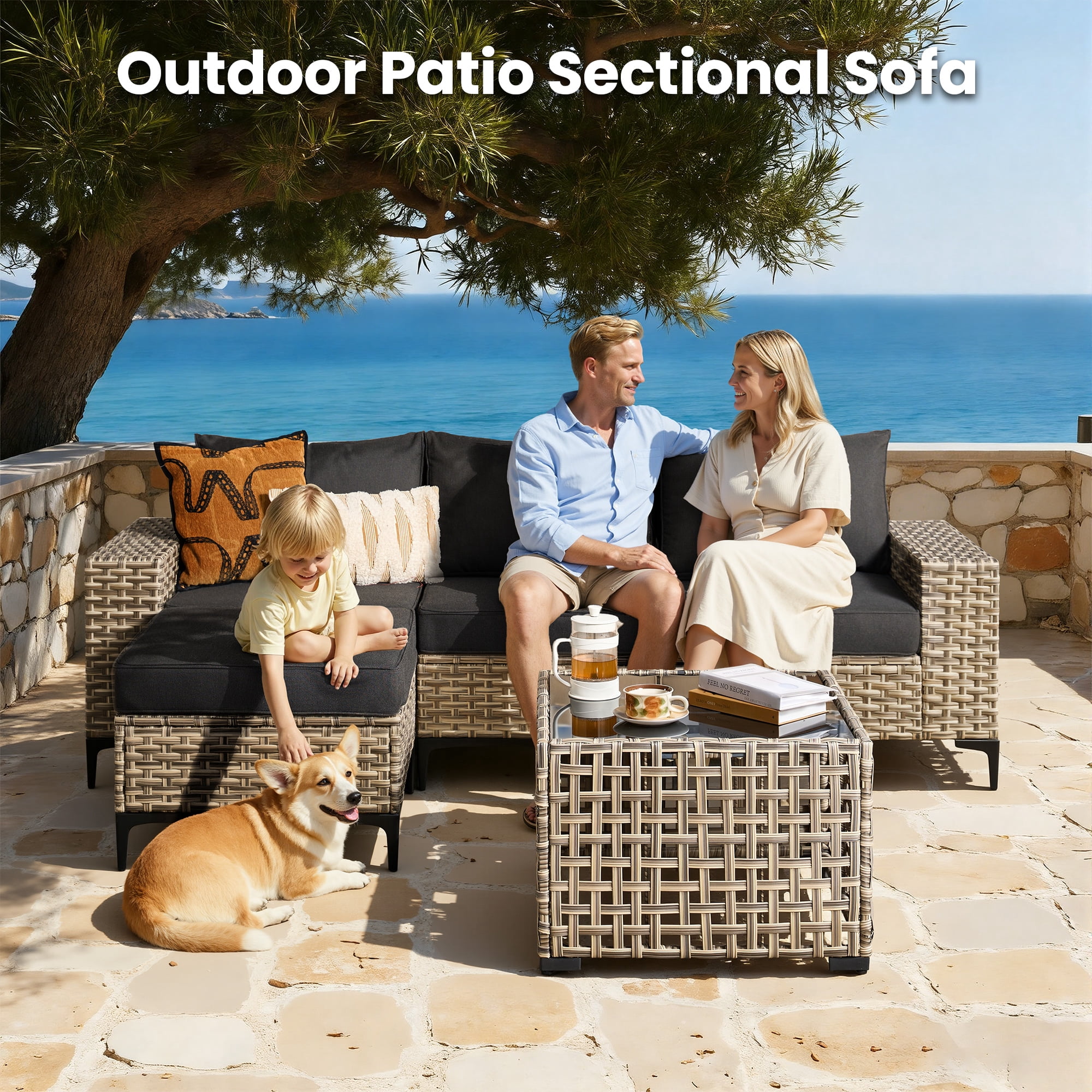 Vcatnet 4 Pieces Patio Furniture Set, All-Weather Wicker Outdoor Patio Furniture, Outdoor Conversation Set with Ottoman, Black