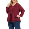 thumbnail image 4 of MODA NOVA Juniors' Plus Size Blouse Pleated V Neck Lace Solid Tops Red 1X, 4 of 5