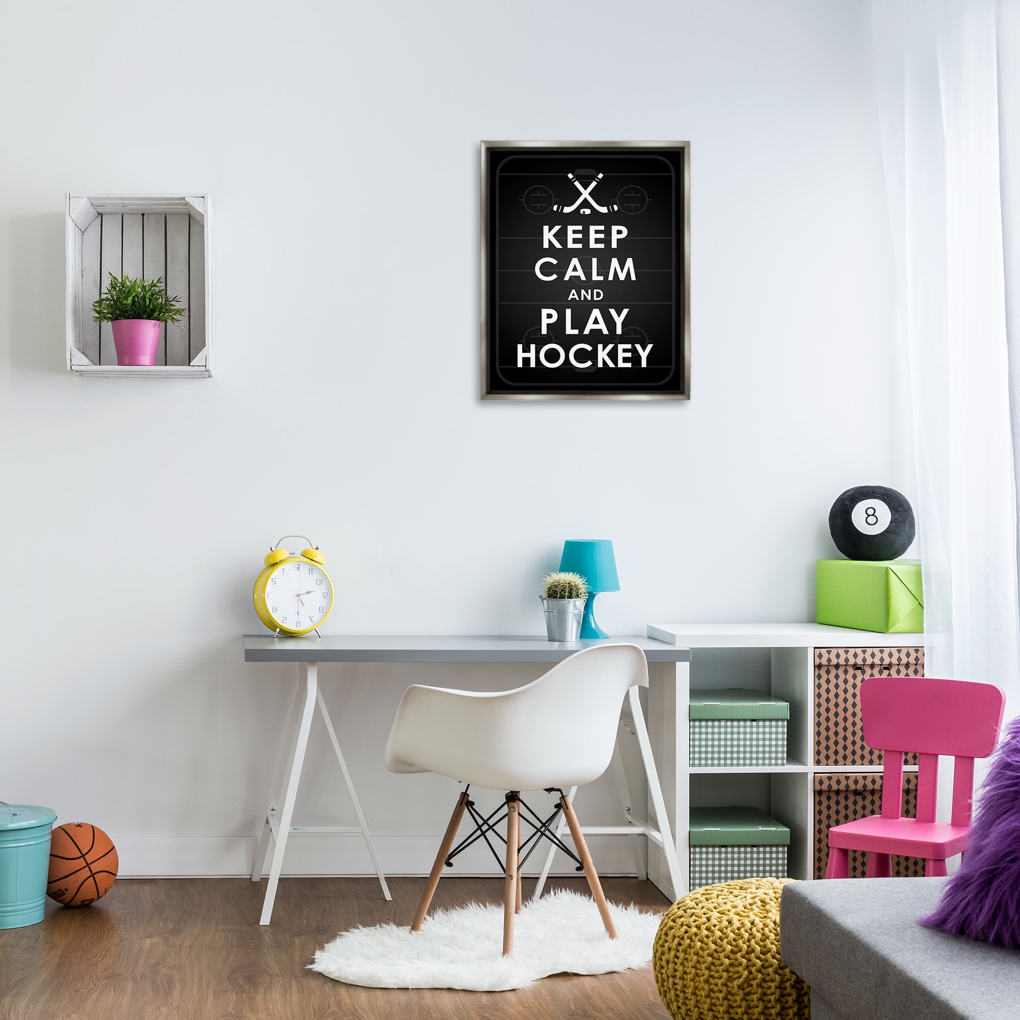 Stupell Industries Keep Calm & Play Hockey Sports Painting Gray Floater Framed Canvas Art Print Wall Art, 25 x 31
