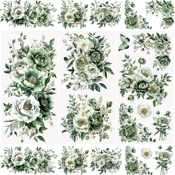 3Pcs Rub On Transfer Stickers Green Flowers Pattern Waterproof Decals Furniture Craft Embellishments for DIY Scrapbooking Photo Albums,15 * 30cm