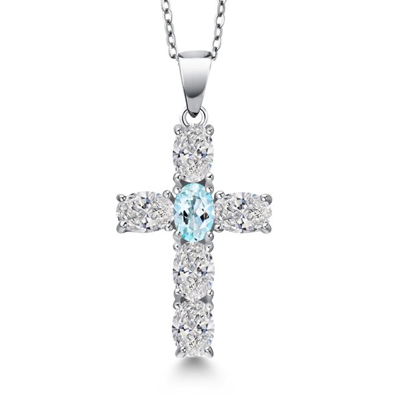 Gem Stone King 925 Sterling Silver Lab Grown Diamond and Sky Blue Topaz Cross Pendant Necklace for Women | 2.50 Cttw | Gemstone April Birthstone | Oval 6X4MM | With 18 inch Chain