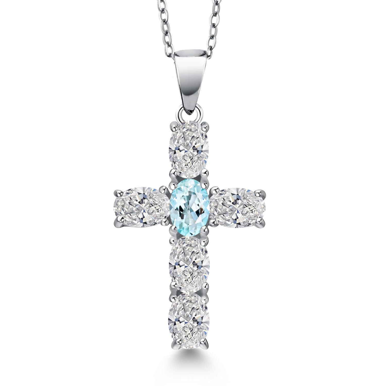Gem Stone King 925 Sterling Silver Lab Grown Diamond and Sky Blue Topaz Cross Pendant Necklace for Women | 2.50 Cttw | Gemstone April Birthstone | Oval 6X4MM | With 18 inch Chain
