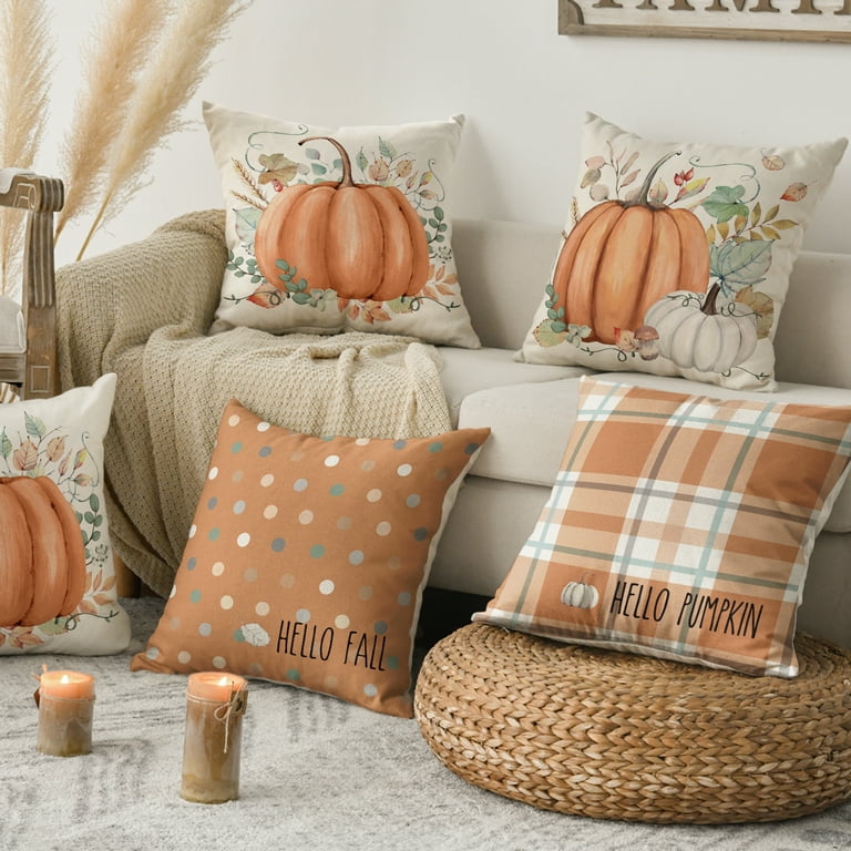 Smile Hello Fall Hello Pumpkin Throw Pillow Covers 18 x 18 Inch Autumn Thanksgiving Harvest Orange Eucalyptus Decorations for Sofa Couch Set of 4 Walmart