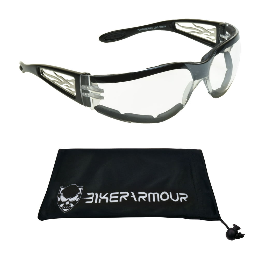 Motorcycle Riding Glasses with Chrome Flame Temples. Safety