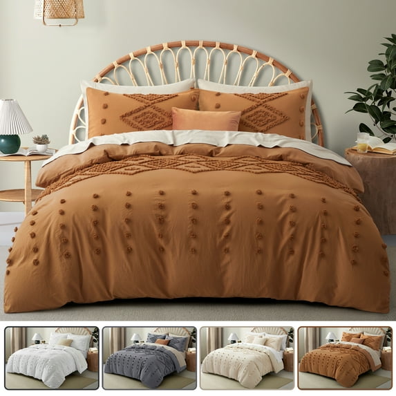 Duvet Cover King Size, 3 Pieces Boho Tufted Bedding Set for All Seasons, Soft and Embroidery Shabby Chic Duvet Covers Set with Zipper Closure (Pumpkin, King, 104"x 90")