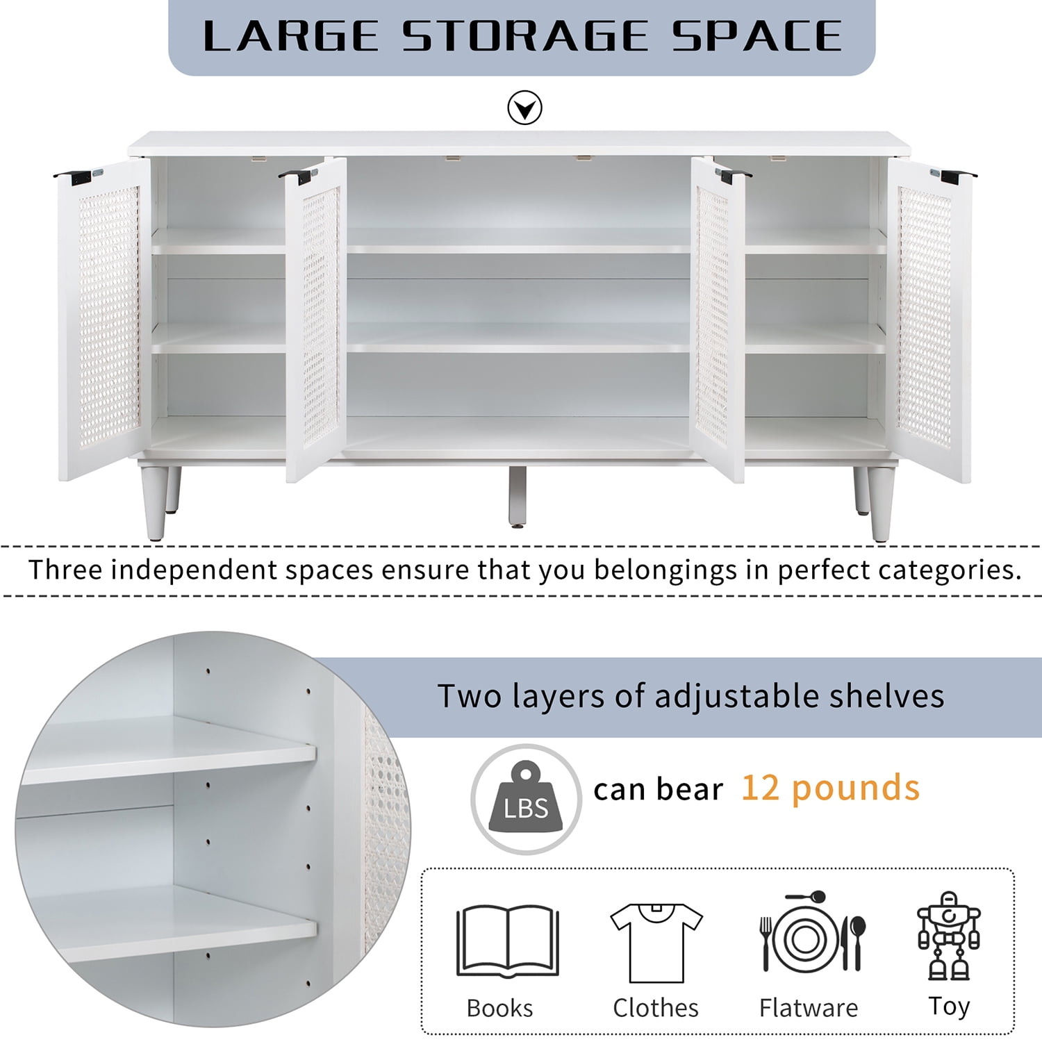 Kadyn Large Storage Space Sideboard, Floor Storage Cabinet for Living Room, Storage Sideboard Buffet Cabinet with Artificial Rattan Door, White Kadyn Large Storage Space Sideboard, Floor Storage Cabinet for Living Room, Storage Sideboard Buffet Cabinet with Artificial Rattan Door, White