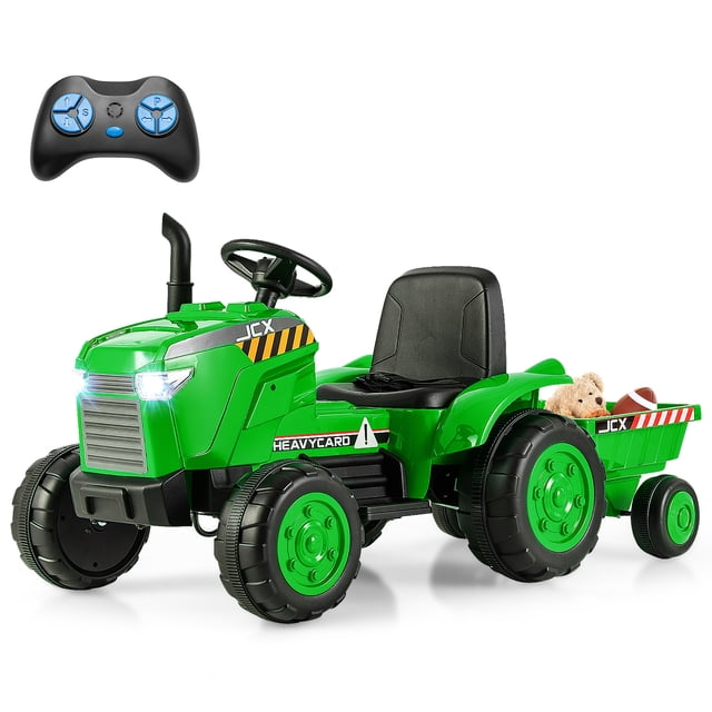 Gymax 2-in-1 Electric Toy Car 12V Kids Ride On Tractor w/ Trailer Remote Control Lights Green
