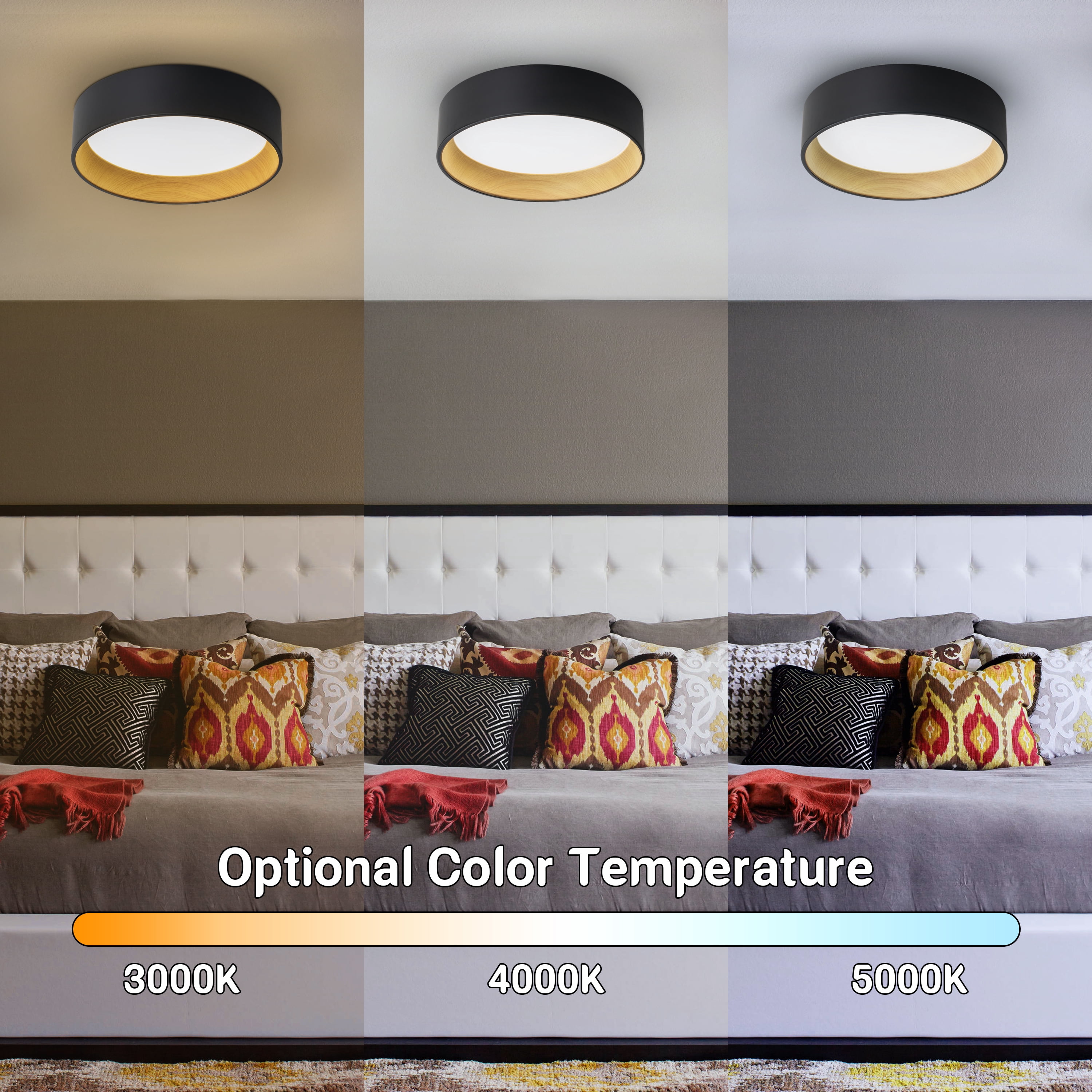 C Cattleya 16 in. Black and Wood Finish Dimmable 3000K 4000K 5000K LED Flush Mount Ceiling Light