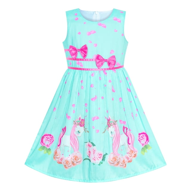 Robe Fille Verte Unicorn Fleur Été Robe d'Été 6 Ans