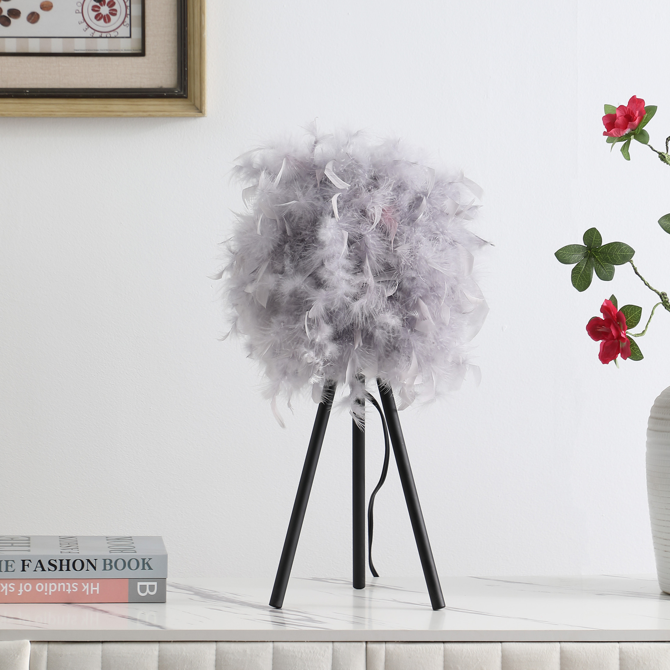 Noble House 20.5" Feather Shade Tripod Table Lamp, Matte Black Legs, Semi-Round Shade, E26 Light Bulb, Soft Gray