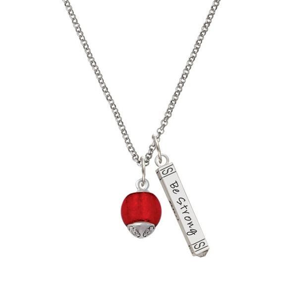 Delight Jewelry 12mm Scarlett Red Roller Spinner with Silvertone Lining Glass Spinner Silvertone Be Strong and Courageous Bar Charm Necklace, 23"