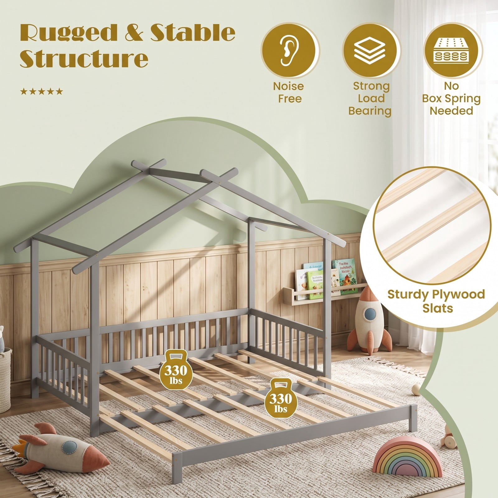 Furnibear Extendable House Bed Twin to King Size Daybed with Roof Frame and Fence Rails for Kids and Shared Bedroom, Gray