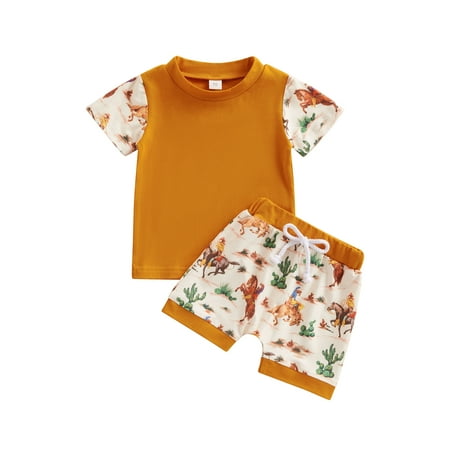 

Qtinghua Western Baby Boy Summer Clothes Cow Print Short Sleeve T-Shirt Elastic Jogger Shorts Baseball Outfits Brown Horse 2-3 Years