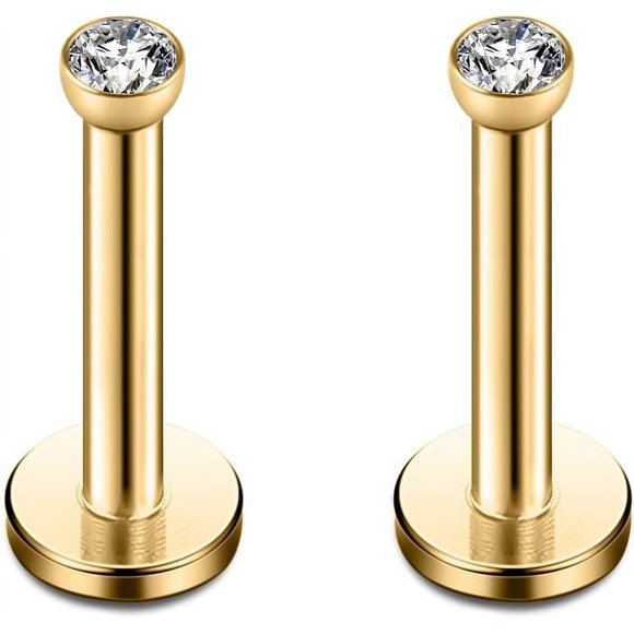 316L Stainless Steel 2mm Round CZ Gem Internally Threaded Labret Monroe Lip Ring Tragus Nail Helix Earring Stud Barbell Piercing Jewelry 16G 2-8pcs