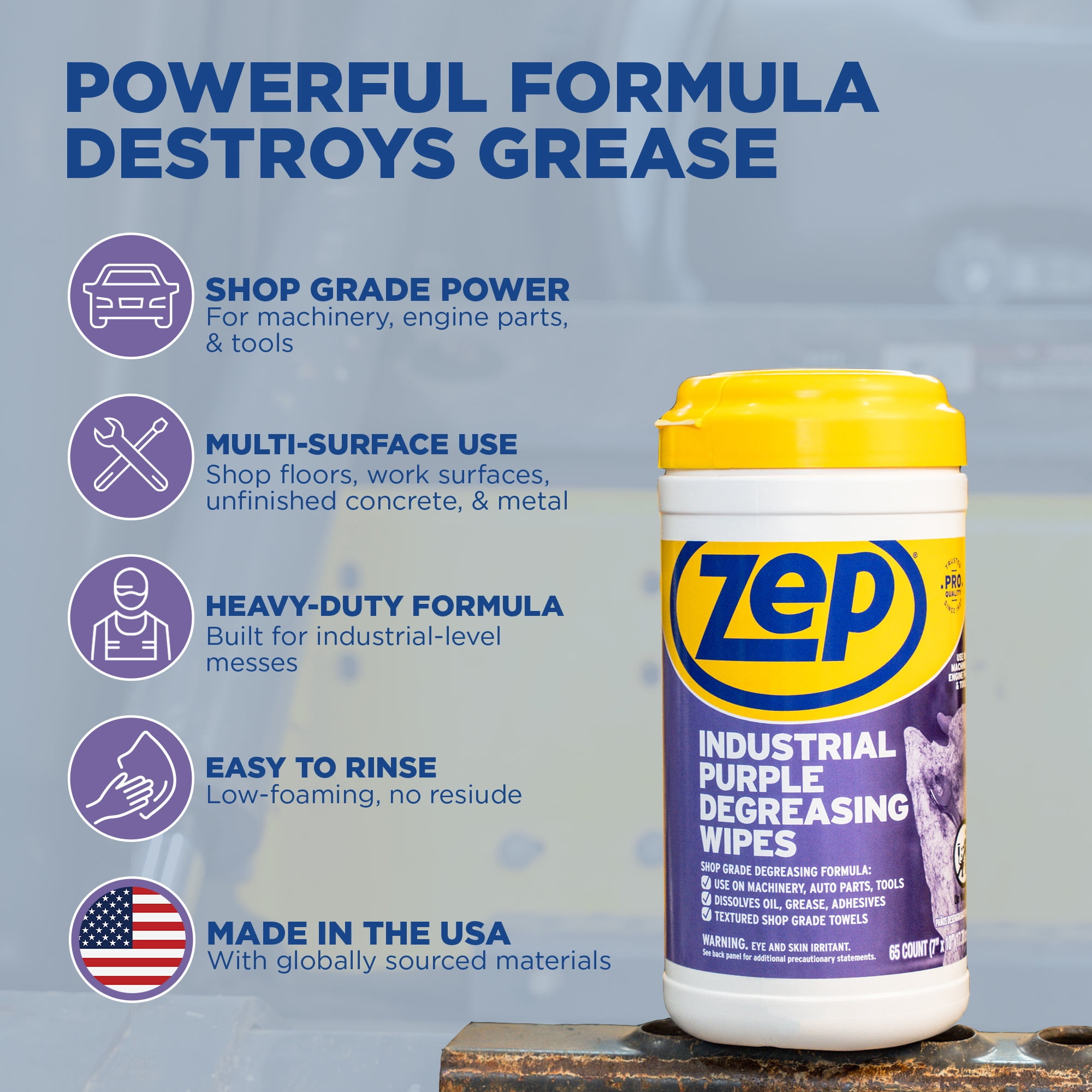 Zep Industrial Purple Heavy-Duty Degreasing Wipes - 65 Count (Case of 4) - ZUINDPRPL65 - Dissolves Oil, Grease and Adhesives Fast