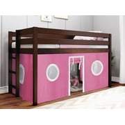JACKPOT! Contemporary Low Loft Twin Bed with End Ladder, Cherry with Pink & White Tent