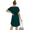 thumbnail image 4 of Femmes Mini Robe Taille Haute Manches Courtes Basique Robe Fluide Ample Ajustement V Cou Solide Couleur Ceinture Robe de Soirée, 4 of 9