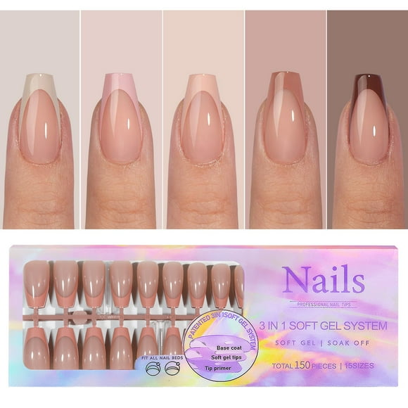 Nail Tips,Fake Nails Diy Pre-applied Nails Pre-applied Primer Nail Tips 5 French Nail Tips 150pcs French Nail Tips Press On 15 Sizes Fake 5 Colors French Diy Pre-applied
