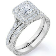 JeenMata 1.75 ct - Square Cut Moissanite - Pave Set - Split Band - Double Halo Engagement Ring - Bridal Set - 18K White Gold Plating for Women