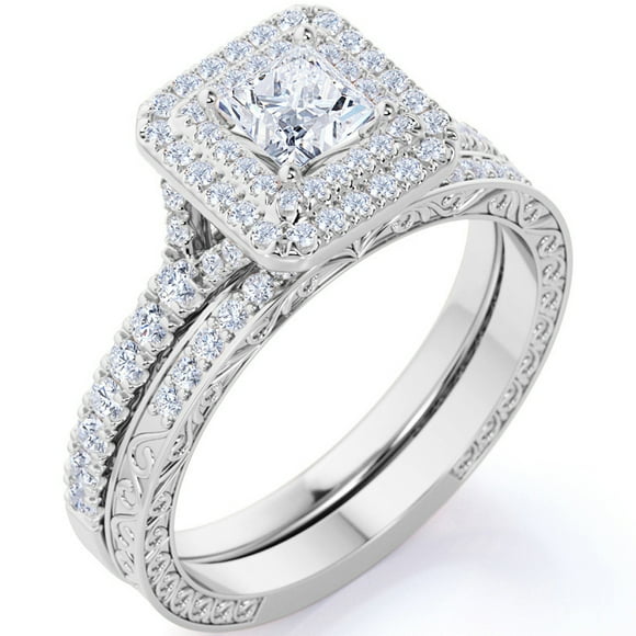 JeenMata 1.75 ct - Square Cut Moissanite - Pave Set - Split Band - Double Halo Engagement Ring - Bridal Set - 18K White Gold over Silver