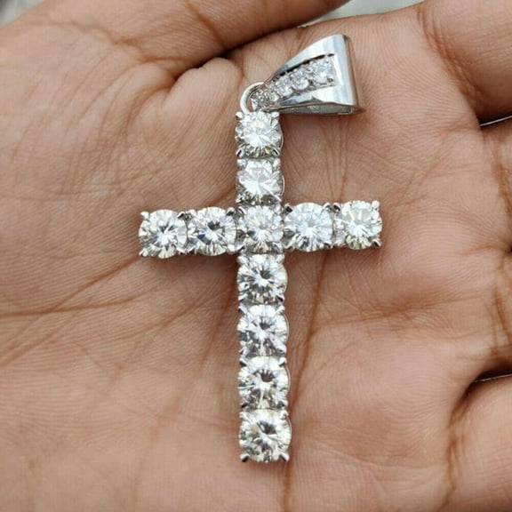 Real 3.30 Ct Round Cut Simulated Diamond Cross Pendant In 14K White Gold Plated