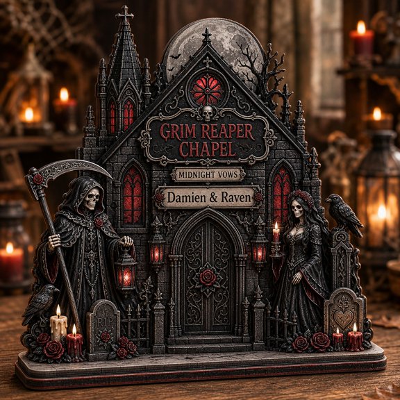 Personalized Halloween Wooden Block Grim Reaper Chapel Wooden Tabletop Display for Gothic Halloween Gift