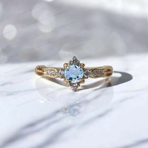KANISHKAGEMS&JEWELS 6MM / 2Ct Round Shape Aquamarine Engagement Ring CZ Diamond Flower Ring Yellow Gold Plated Women Jewelry Birthday Gift For Daughter