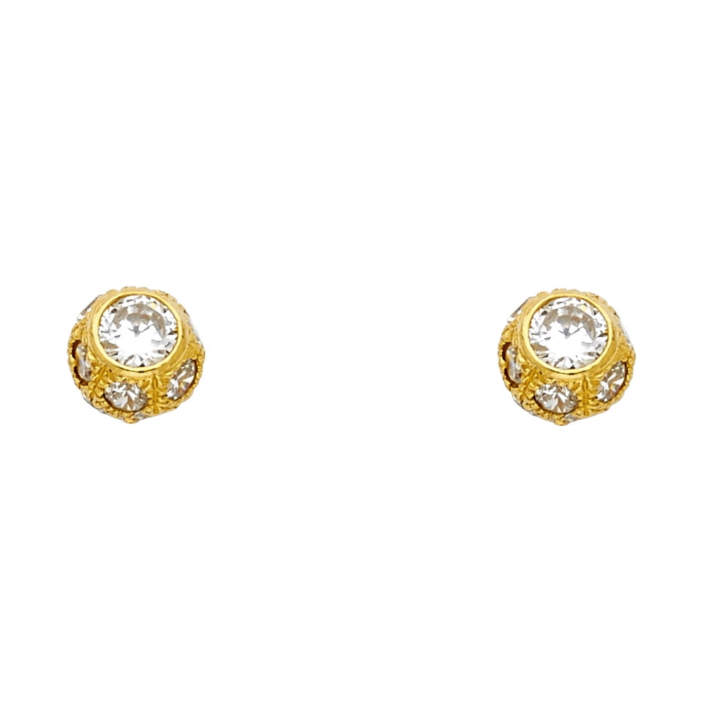 Round CZ Ball Stud Earrings Solid 14k Yellow Gold Studs Posts Fashion Design