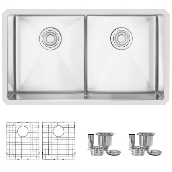 Évier de Cuisine 50/50 à Double Bol en Acier Inoxydable de 32 Pouces sous Plan, Élégant, avec Grilles et Passoires S-321XG