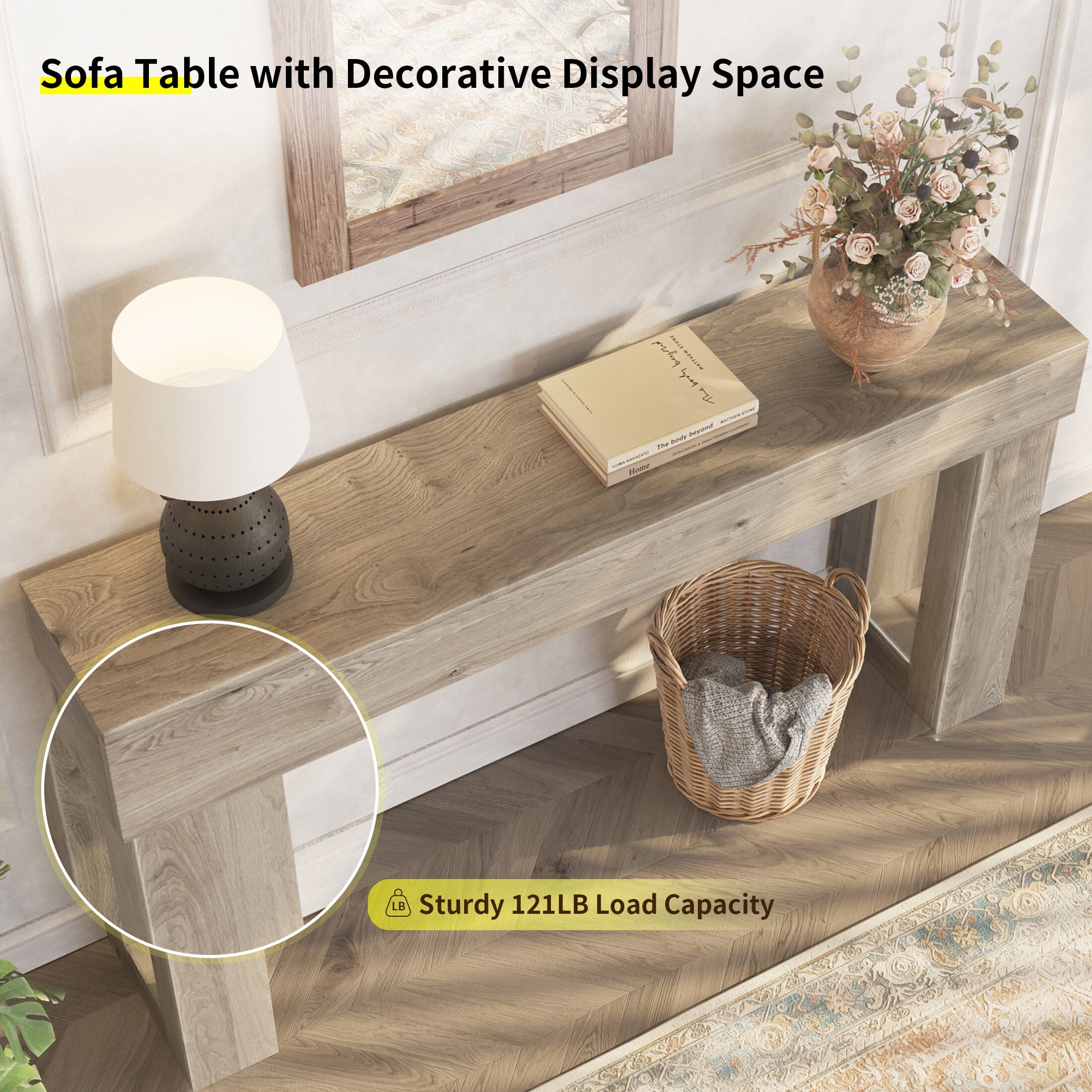 Techmilly 63" Modern Console Table with LED Light Strip,Gray Finish Narrow Entryway Sofa Table for Living Room Hallway