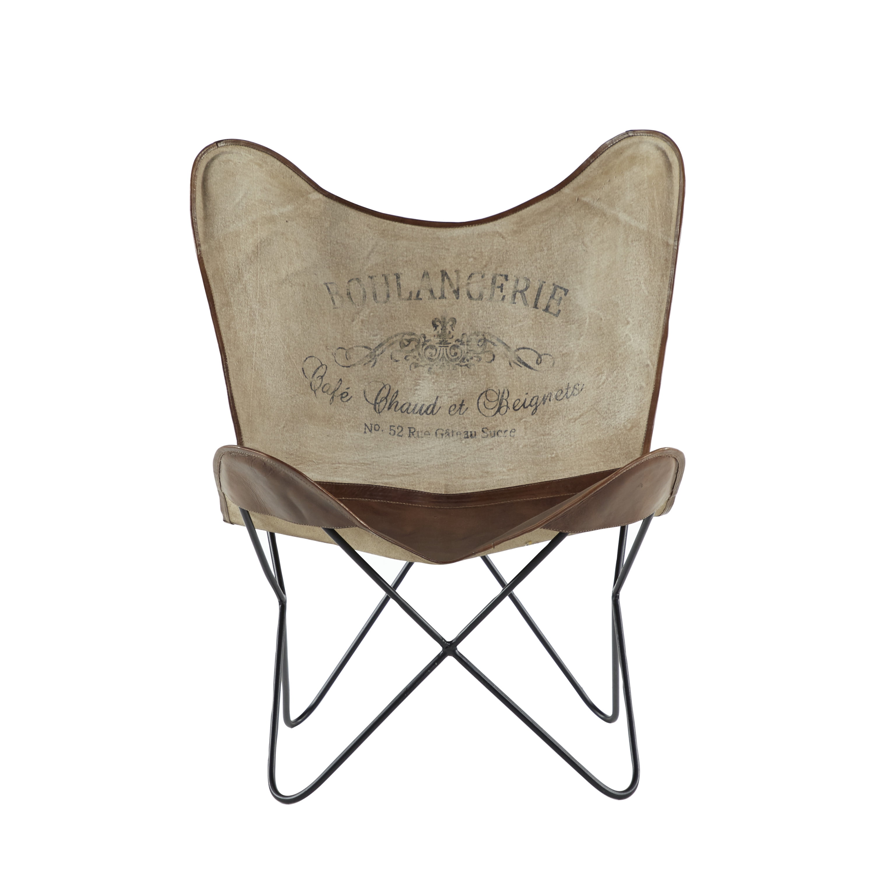 DecMode Contemporary Tan/Brown Canvas Outdoor Chair 30"W x 36"H, Features "BOULANGERIE Café Chaud et Beignets No 52 Rue Gateau Sucre" Text