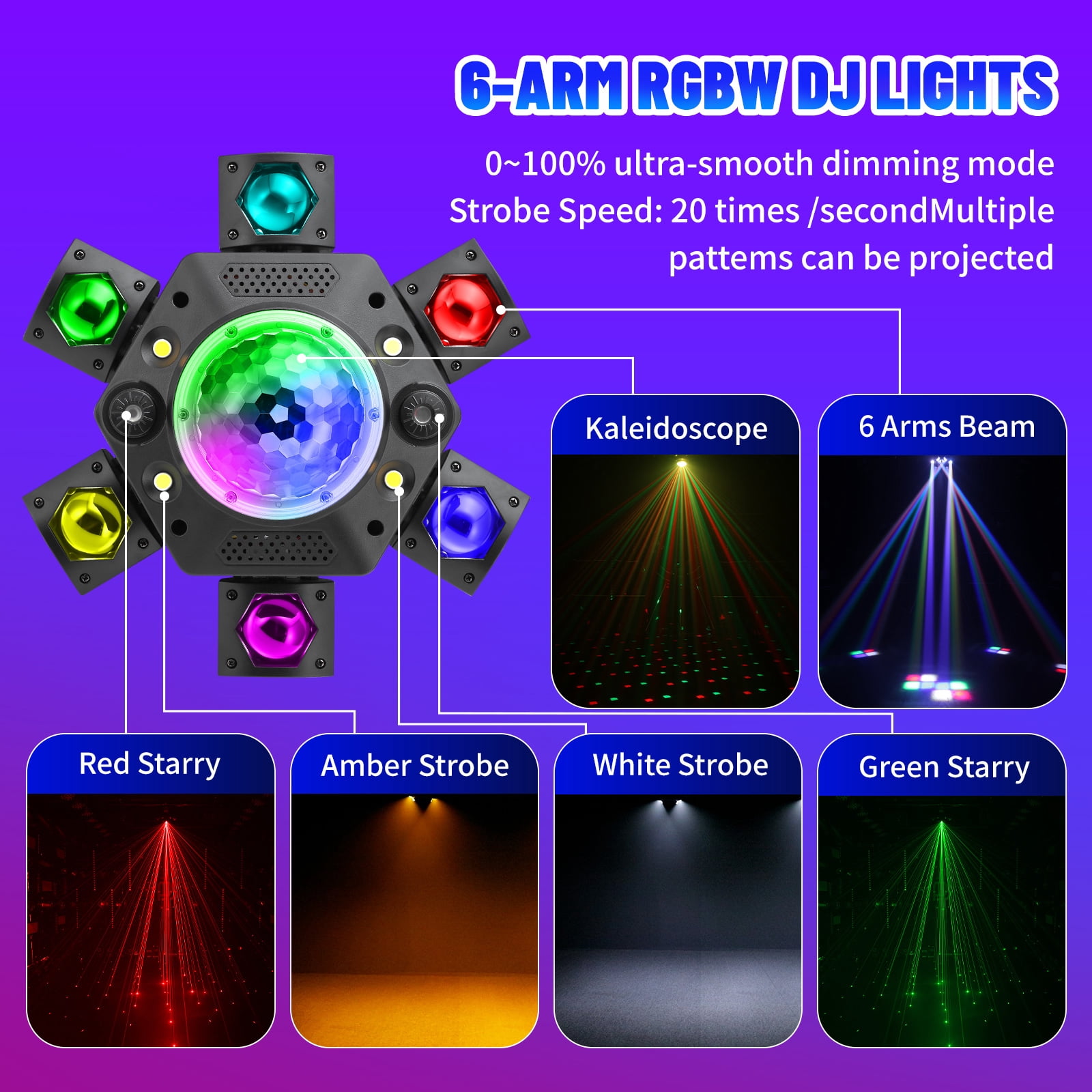 Moving Head DJ Lights, 6 Arm RGBW LED 150W Disco Stage Light with Mixed Lighting Effects, Sound Activated, DMX 512 Remote Control DJ Lights for Disco Club Wedding Party (Kaleidoscope)