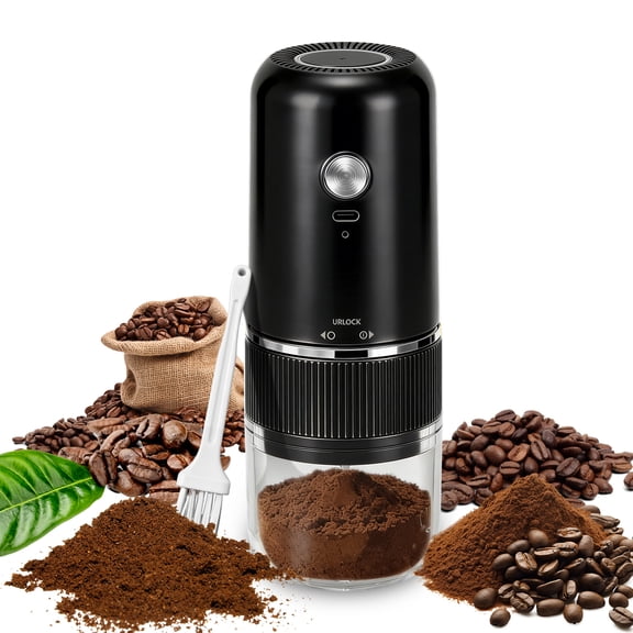 Portable Electric Burr Coffee Grinder, Mini Rechargeable Electric Coffee Bean Grinder with Cleaning Brush, Auto-Stop, Coffee Grinder for Espresso, French Press, Travel, Camping, Home & Office, Black