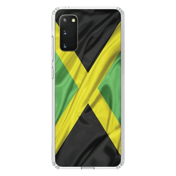 DistinctInk Clear Shockproof Hybrid Case for Galaxy S20 ULTRA / 5G (6.9" Screen) - TPU Bumper, Acrylic Back, Tempered Glass Screen Protector - Jamaica Waving Flag Black Green Yellow - Jamaica