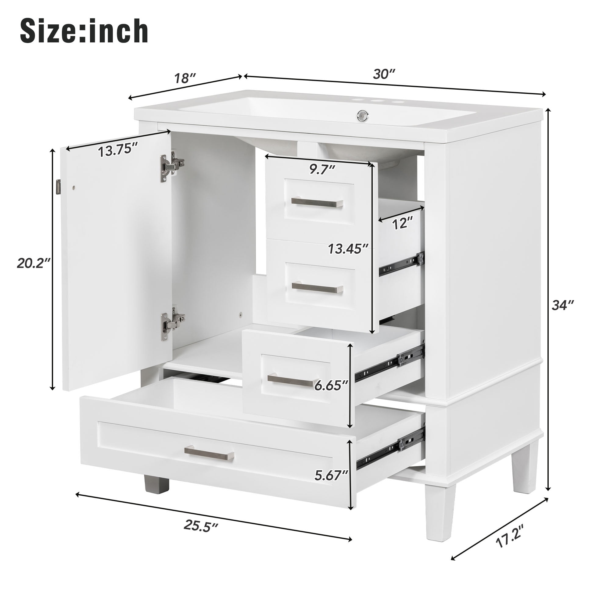 Royard Oaktree 30" Bathroom Vanity w/Resin Sink, Modern Bathroom Cabinet w/Soft Closing Door & 3 Drawers