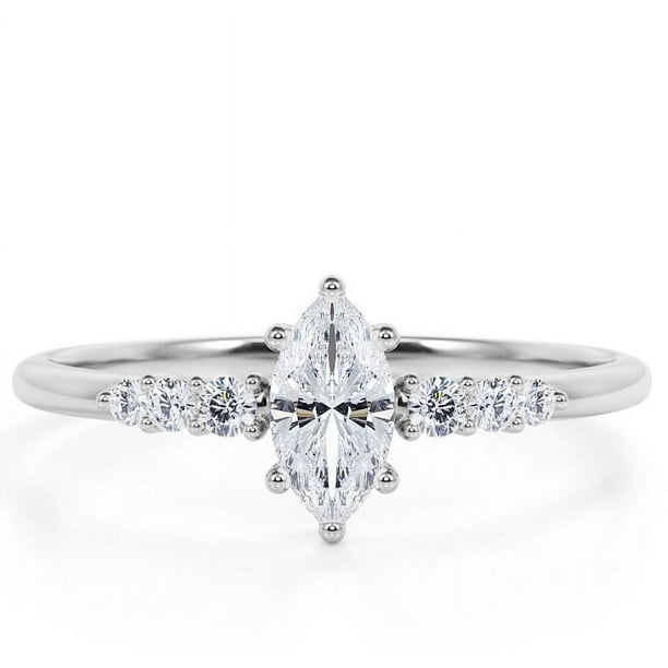 JeenMata Elegante Anillo de Compromiso de Talla Marquesa en Oro Blanco de 18 K sobre Plata