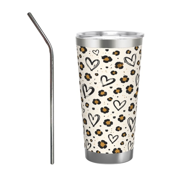 Leopard Heart Pattern 20oz Insulated Tumbler with Handle and Straw Travel Coffee Cup Car Cup Gift for Women with Stainless Steel Straw