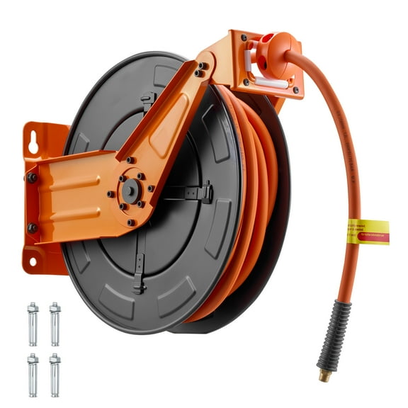 KFFKFF Retractable Air Hose Reel, 3/8 Inch x 50 FT Rubber Hose, 300 PSI Max Pressure, Auto Rewind Compressor Hose Reel with 5 ft Lead-In, Wall/Ceiling Mount Steel Double Arm Design