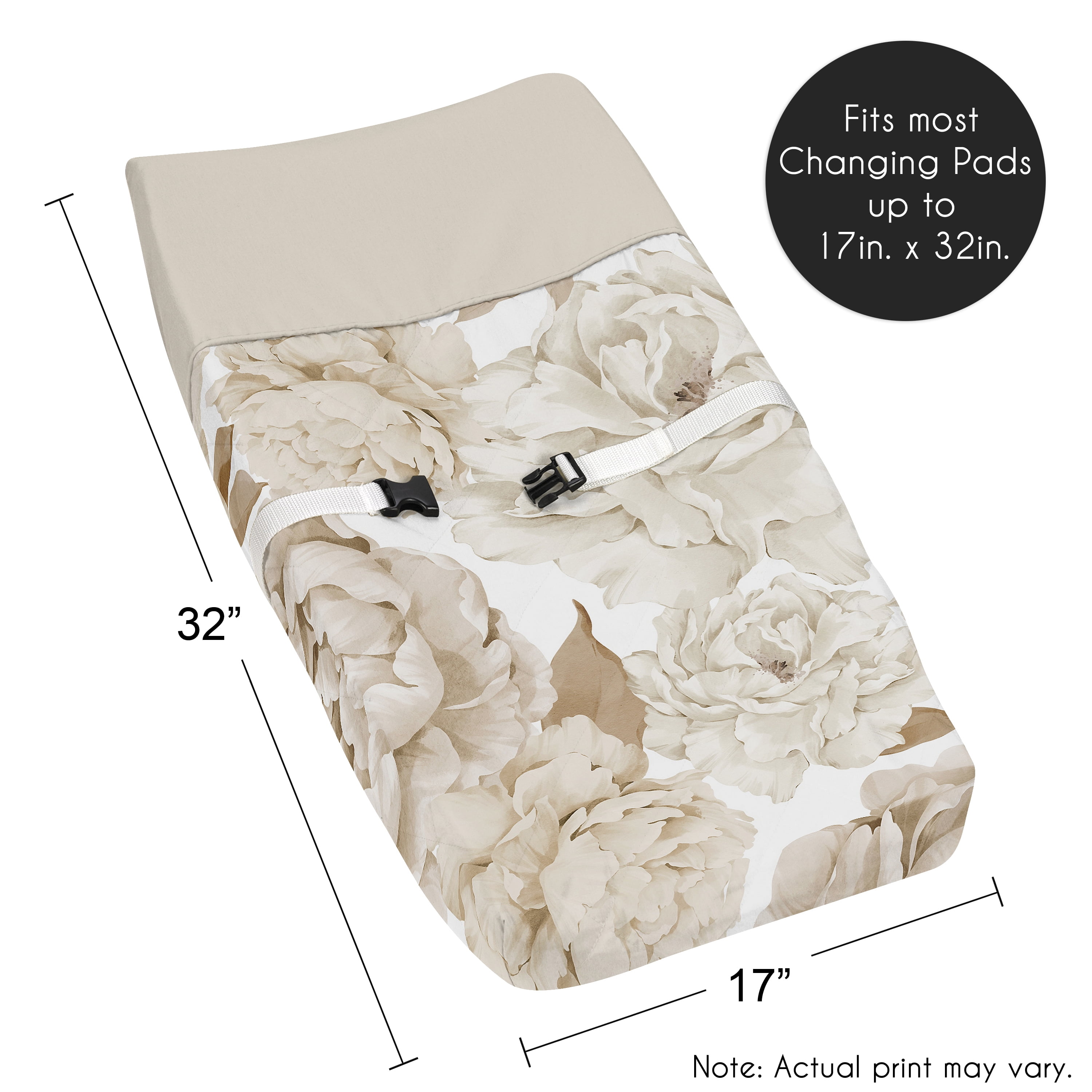 Sweet Jojo Designs Peony Floral Garden Taupe and Ivory Girl Changing Pad Cover