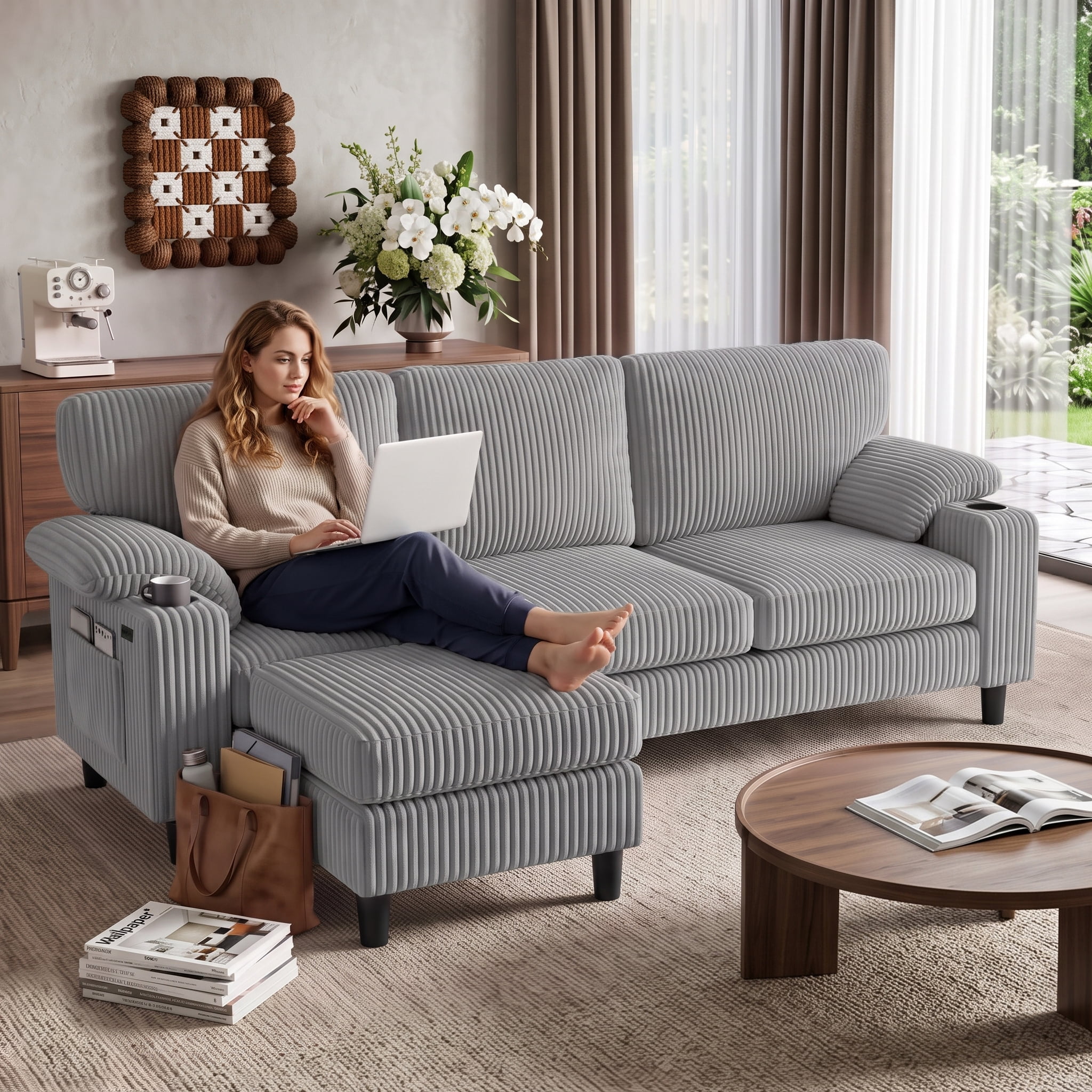 Anpport 80" L‑Shaped Corduroy Sectional Sofa, 3‑Seater Couch with Storage Ottoman, USB Port & Cup Holders for Small Spaces, Light Gray