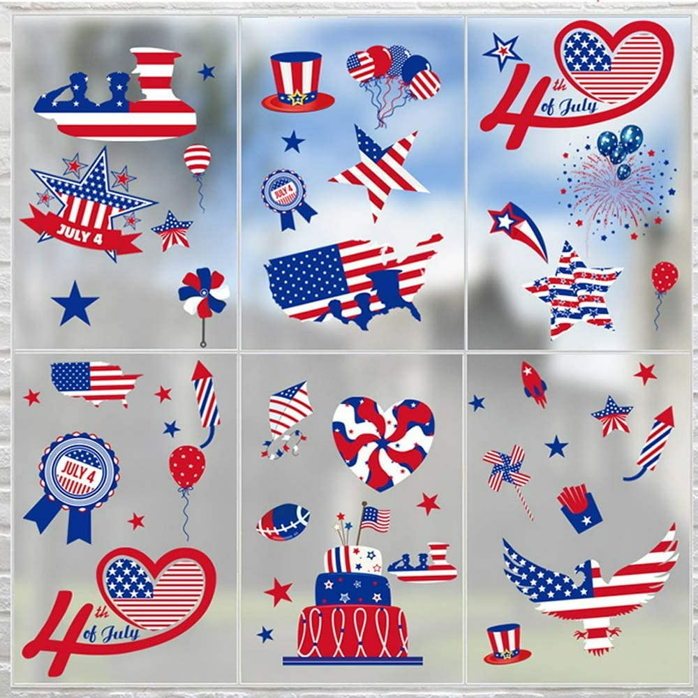 6 Sheets 4th of July Window Clings, Patriotic Gnome Stickers USA Wall