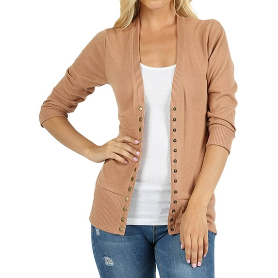 Women Classic Thin Snap Button Front V-Neck Button Down 3/4 Sleeve Ribbed Knit Cardigan