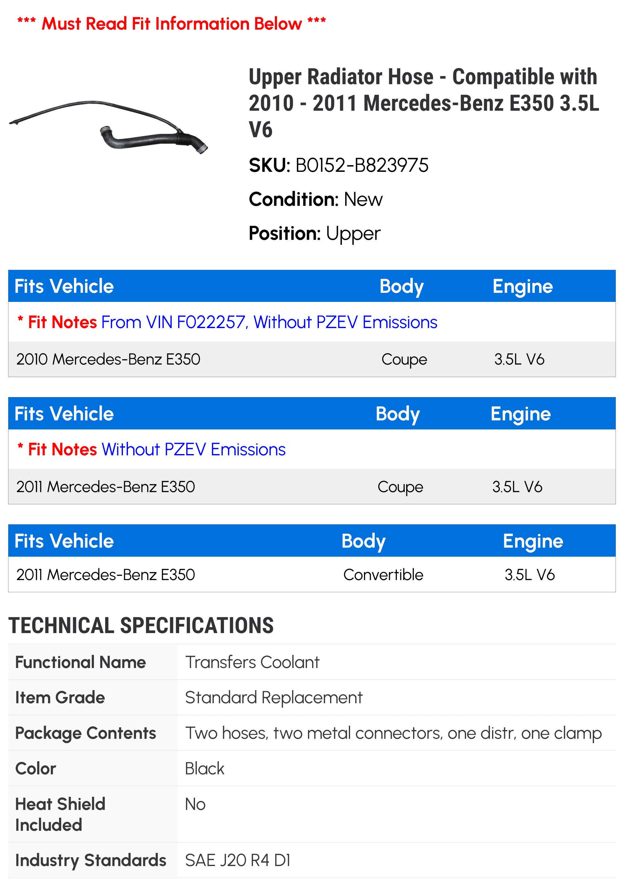 Upper Radiator Hose - Compatible with 2010 - 2011 Mercedes-Benz E350 3.5L V6