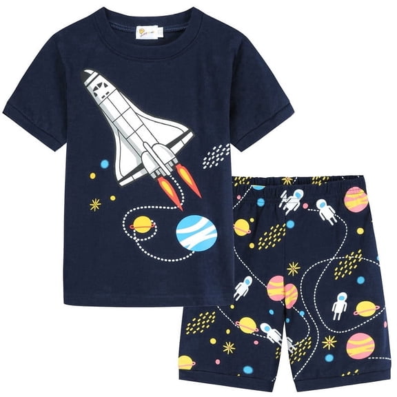 FEDPOP Boys Toddler Glow in the Dark PajamasCotton Rocket Truck Printed Short Sleeve Sleepwear 4T
