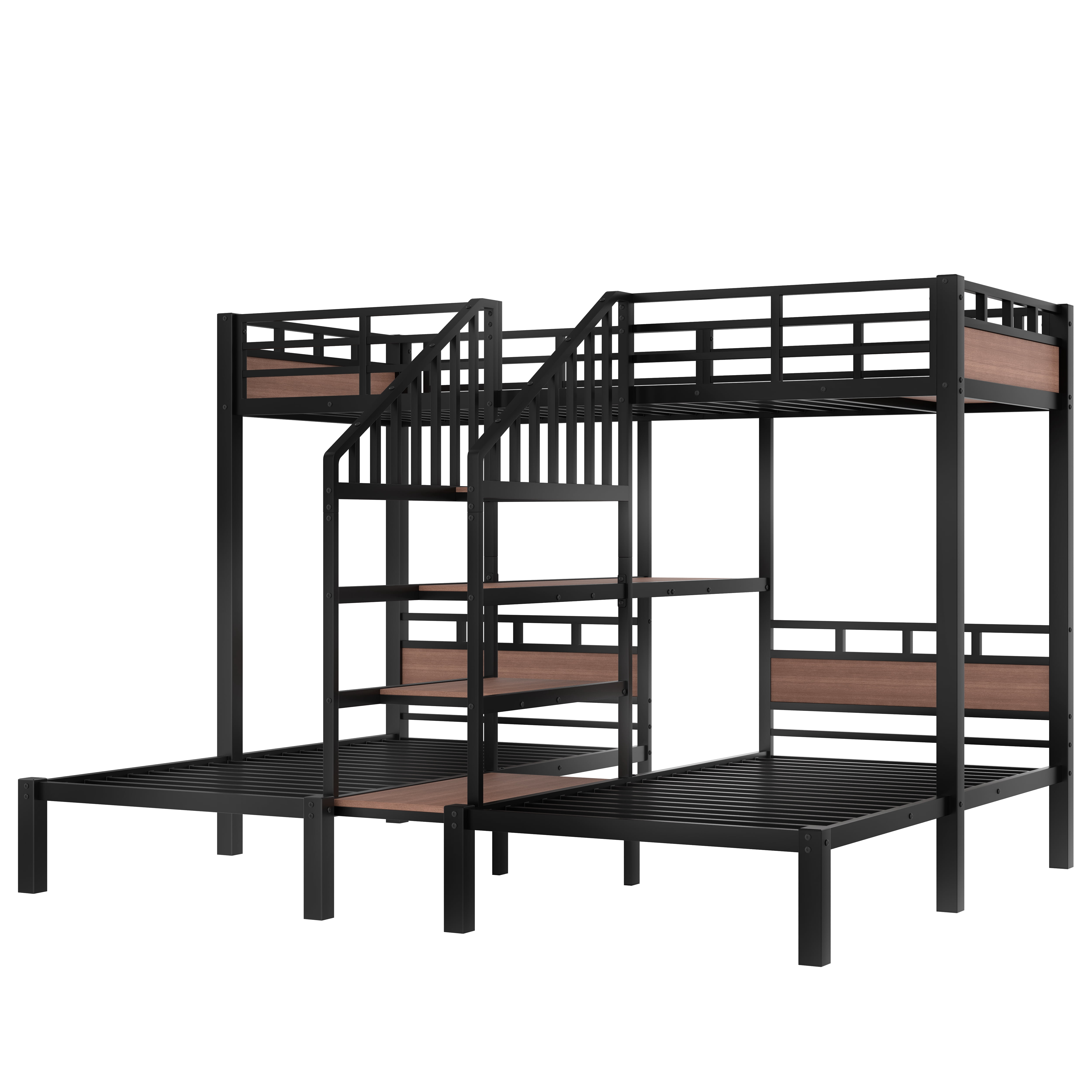 Triple Bunk Bed, Metal Bunk Bed, Twin over Twin over Twin with Storage Shelves, Headboard Shelf, Storage Stairs, Guardrails, 300 Lbs Each, Black for Kids Bedroom Dorm Hostel