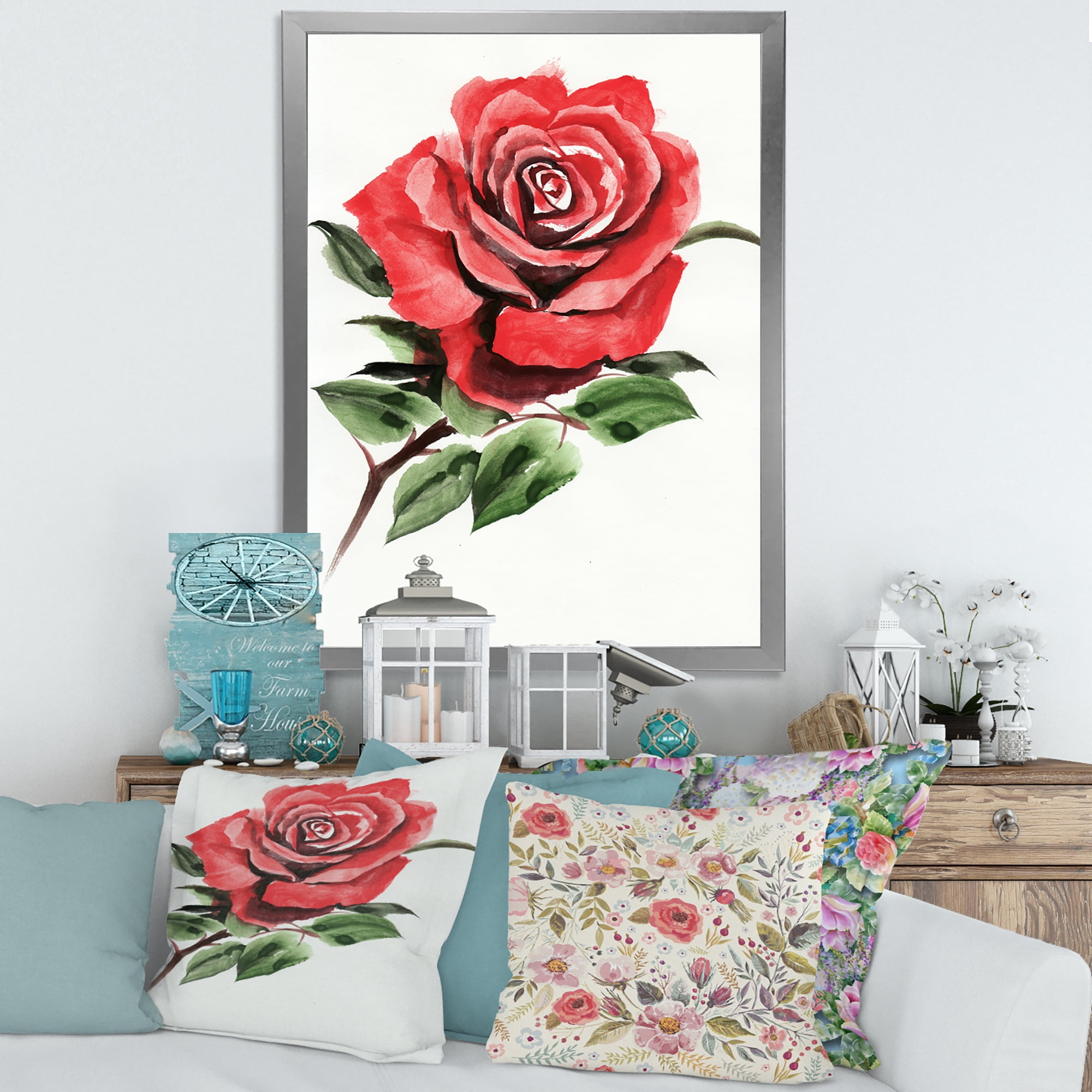 Designart 'Ancient Red Rose Flower III' Traditional Framed Art Print