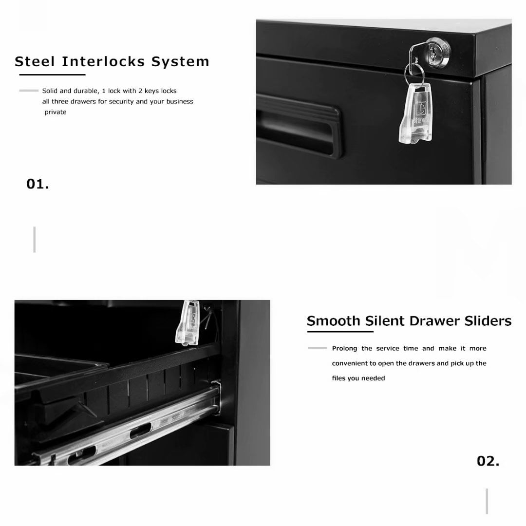 Office 3-Drawer Mobile Metal File Cabinet with Keys White with Plastic Handle 15.5 x 20.5 x 24.5