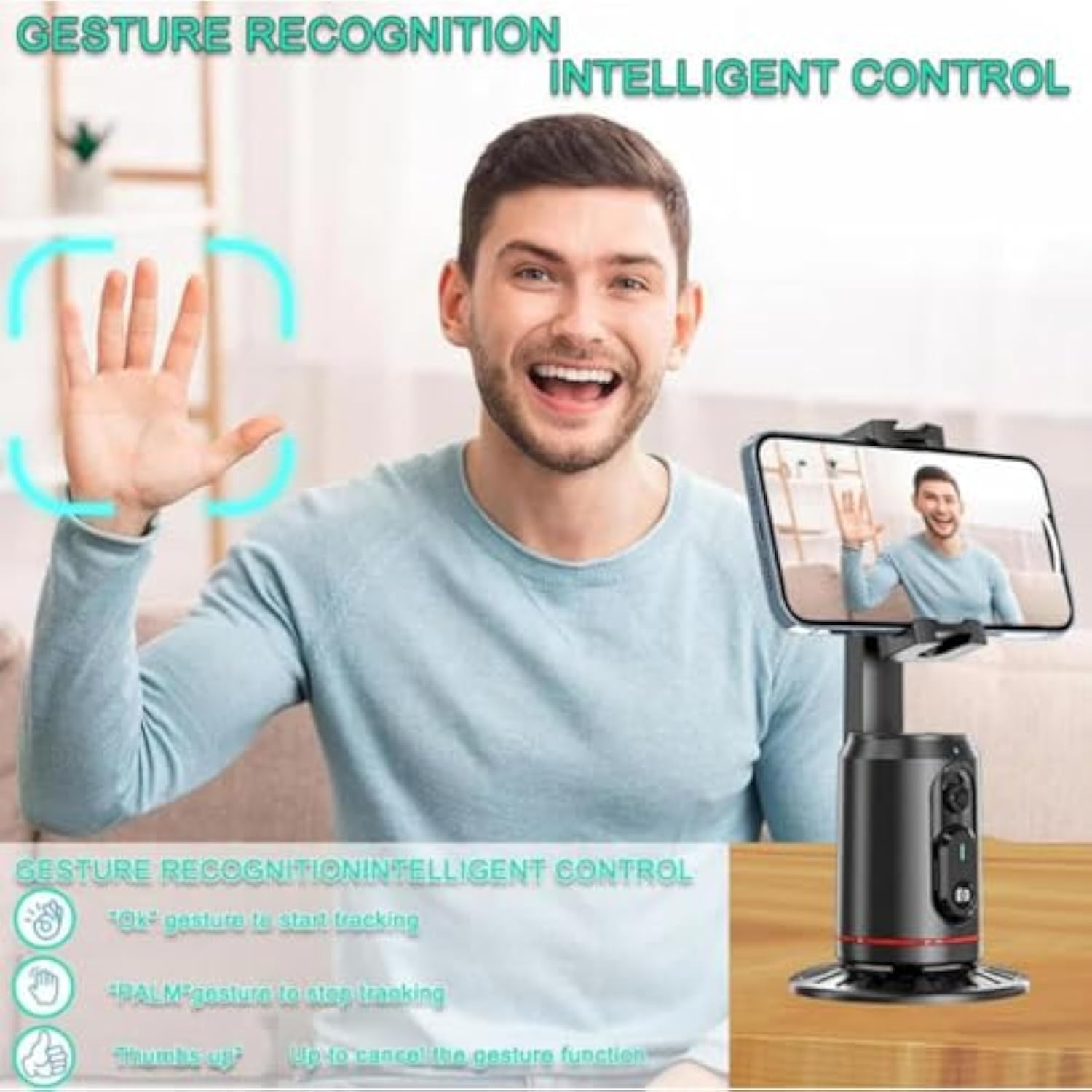 AimoStand – Built-in AI Camera Smart Auto-Tracking Phone Stand, Auto Face Tracking Phone Tripod, 360° Face & Body Tracking, Gesture Control, for Video Recording Streaming Vlog