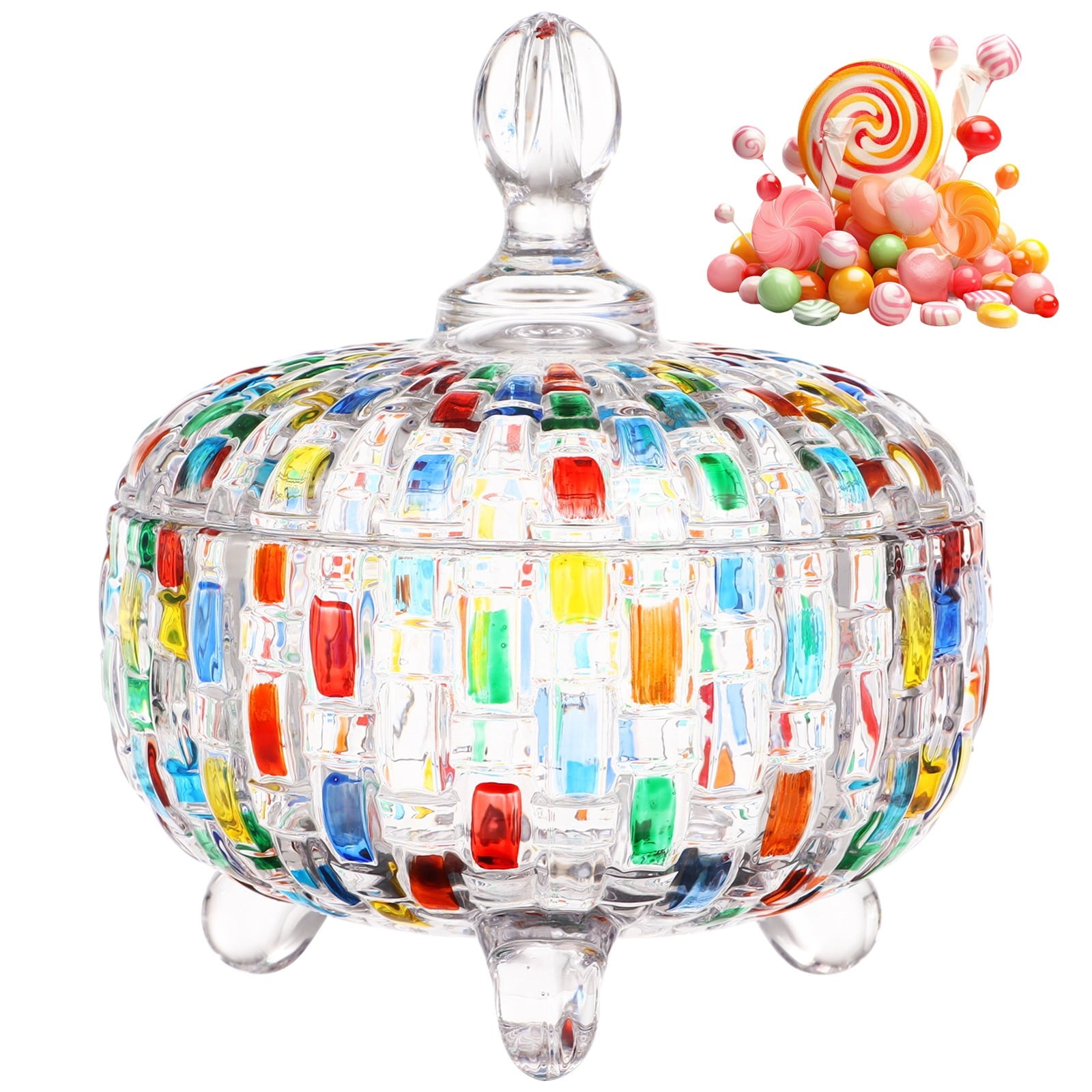DEAYOU 2 Pack Glass Candy Dish With Lid - 34 Oz Crystal Covered Bowls, 6" Diameter, Vintage Stripe